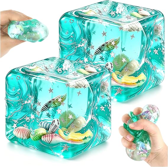 2 Pack Fidget Cube, Ice Cube Sensory Toys with Floating Ocean Shells & Stars Stress Relief Office Desk Cubes Stress Ball Fidget Toy for Adults and Teens (4.5 cm)