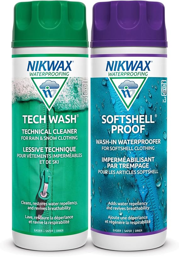 Nikwax Softshell Cleaning & Waterproofing DUO-Pack, Cleans and Restores DWR Water Repellency in Jackets, Pants, Vests, Outerwear, Ski and Snow Gear