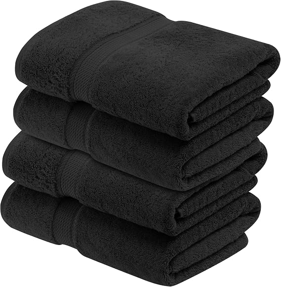 BNM Madeline Egyptian Cotton Heavyweight Towels, Ideal for Shower, Spa, 800 GSM Bath Towels, Highly-Absorbent, Luxury Bathroom Essentials, Ultra-Soft Plush, Bath Towel Set of 4, Black