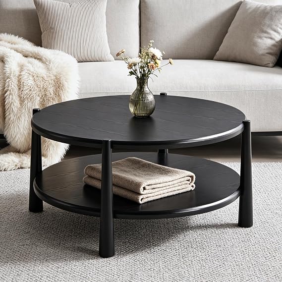 Round Coffee Table, Mid-Century Modern 2-Tier Wood Center Table with Open Storage Shelf, Minimalist Circle Coffee Table for Living Room Office, Black