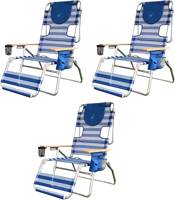 Ostrich 3-N-1 Altitude Outdoor Reclining Patio Beach Lounge Chair, Blue (3 Pack)