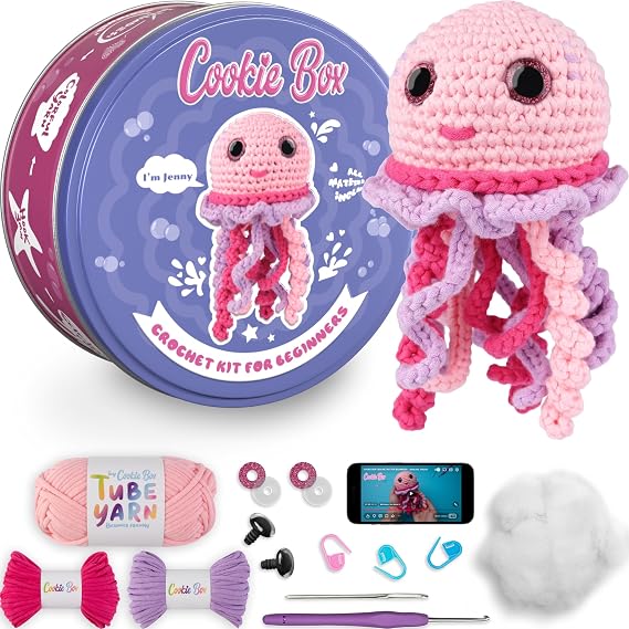 Cookie Box Crochet Kit for Beginners, Jellyfish Jenny | All Materials Included, Step-by-Step Video Tutorials, PDF Patterns, Easy DIY Craft, Amigurumi and Knitting Gift Set