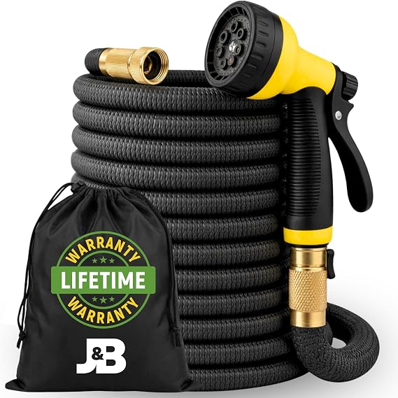 J&B XpandaHose 50ft Expandable Garden Hose, Lightweight, Brass Connectors | Ultra Strong 3750D fabric, 4-layer latex core, expands 3X, kink & leak-resistant, 10-pattern nozzle, storage bag