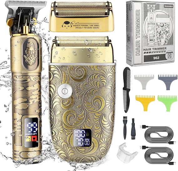 Hair Clippers Men & Electric Razor Shaver Set Cordless Hair/Beard Trimmer Grooming Kit Waterproof Hairliner Clippers Hair Cutting Barber Supplies LCD Display Foil Head 2 Speed