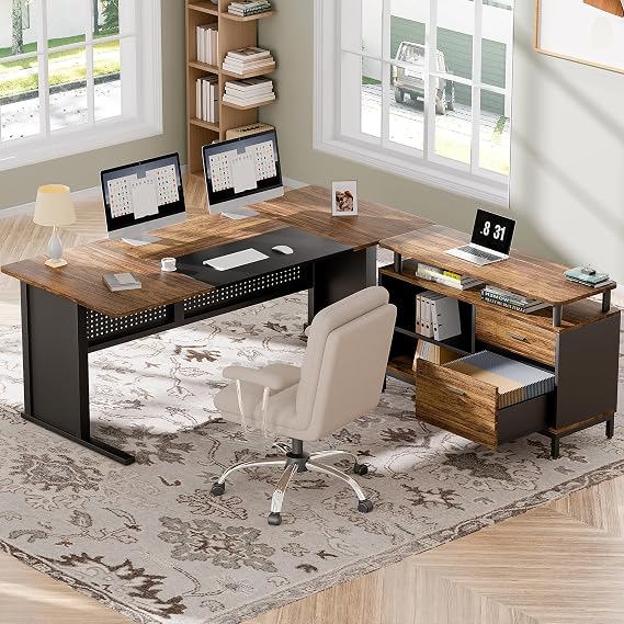 62.99'' L-Shaped Office Desk, Executive Desk with File Drawer
