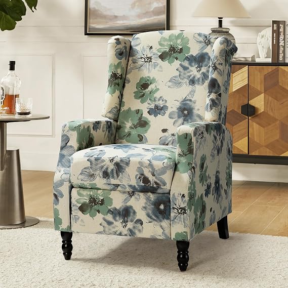 HULALA HOME Wingback Recliner Chair, Traditional Push Back Recliner Single Sofa with Solid Wood Legs, Modern Lounge Armchair for Living Room, Comfy Upholstered Accent Reclining Chair, Floral Harbor