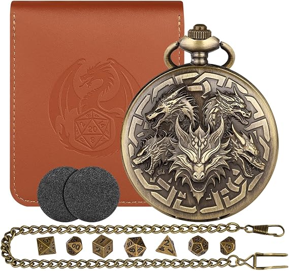 5 Dragon Heads Pocket Watch Dice Set, Mini D&D Starter Set with Dice Bag