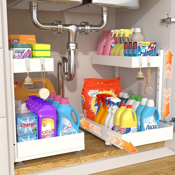 TATAANTY Under Sink Organizer 2 Pack, 2 Tier Metal Under the Sink Storage, Heavy Duty Slide out Pull out Cabinet Organizer, Height Adjustable for Kitchen Bathroom Pantry Closet Organization Rack