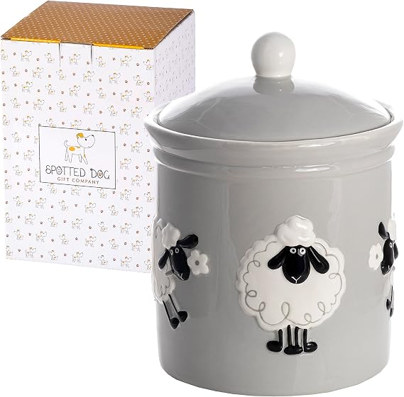 SPOTTED DOG GIFT COMPANY Ceramic Storage Jar, Cute Kitchen Canister for Tea Coffee Sugar Treats, Animal Themed Home Kitchen Decor Accessories, Gifts for Sheep Lovers Women Men, Grey 1.25L