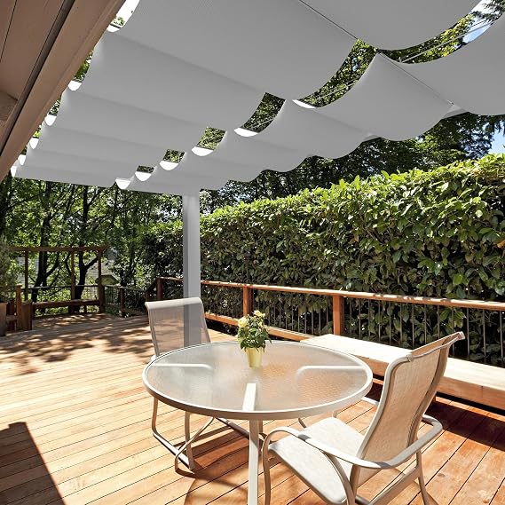 E&K 3'Wx12'L Waterproof Pergola Shade Cover Retractable Canopy Outdoor Wave Sun Shade for Patio Garden Backyard Deck Trellis (Light Gray)