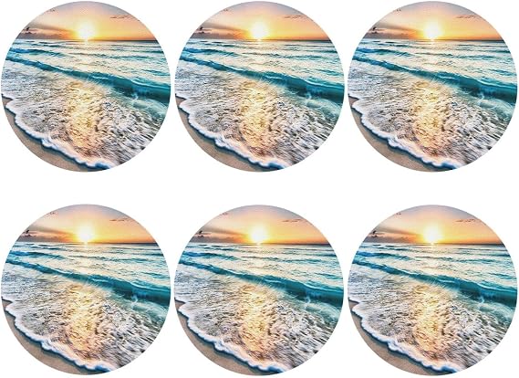 Beach Sunrise 6 Pcs Drink Coasters - Leather Coasters Set - Resistant Round Coaster Non-Slip Table Mat - Kitchen Bar Home Decor Housewarming Gift