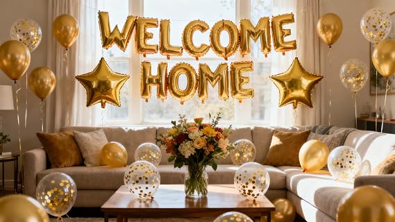 Welcome Home Letter Balloon Banner with Star Confetti Balloons for Army Military Theme Deployment Return Home Family Party Decorations(24 Pack) (gold)