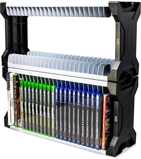ADZ Universal Game Holder 46 Game Storage Tower Rack for PS2 PS3 PS4 PS5 PSP Xbox 360 Xbox One Series X Wii Switch Games DVD and Blu-Ray Disks. Includes 2 Controller Mounts (White)