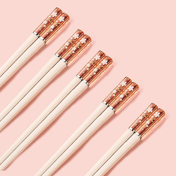 5 Pairs of Decorative Cherry Blossom Chopsticks - Amber, Japanese/Korean, Dishwasher Safe, Fiberglass, Lightweight (Red)