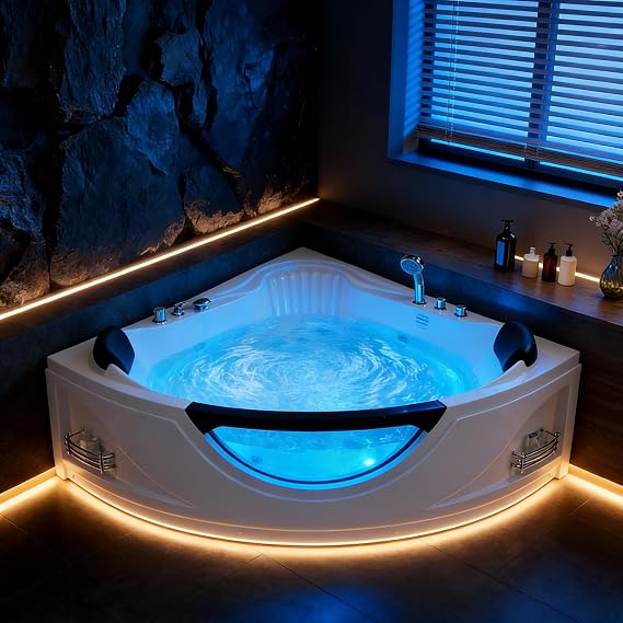 Whirlpool Bathtub Corner Tub SPA for 2 Persons, Deep-Soaking Jetted Tubs with Air & Water Massage, LED Chromatherapy Lights, Slip-Resistant Floor, Home SPA Jacuzzi for Bathrooms (Milk White, 59"X59")