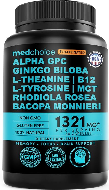 MEDCHOICE 12-in-1 Nootropic Brain Supplement with Caffeine, 60ct | Memory, Focus and Brain Support, Ginkgo Biloba with Alpha GPC and L-Theanine, Caffeine Enhanced, Nootropic Supplement