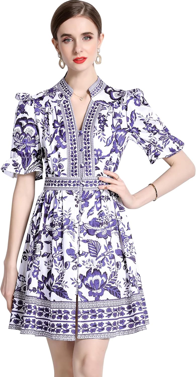 LAI MENG FIVE CATS Womens Button Up Short Puff Sleeve V-Neck Floral Print Split Casual Mini Dress