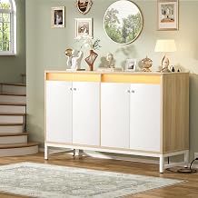 Sideboard Buffet Cabinet with Power Outlets and LED Lights, 4-Door Farmhouse Kitchen Storage Cabinet, Wood Coffee Bar Cabinet Buffet Table for Dining Room, Living Room, Entryway, Natural