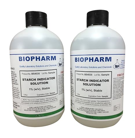 Biopharm Starch Indicator Solution 1% (w/v), 500mL (1.06 Pint) Each, 2-Pack | Dispensing Caps Included. For Iodometric Analysis. Use With Iodine, Thiosulfate, Dichromate, Iodate, Bromate. 16.9 oz Each.