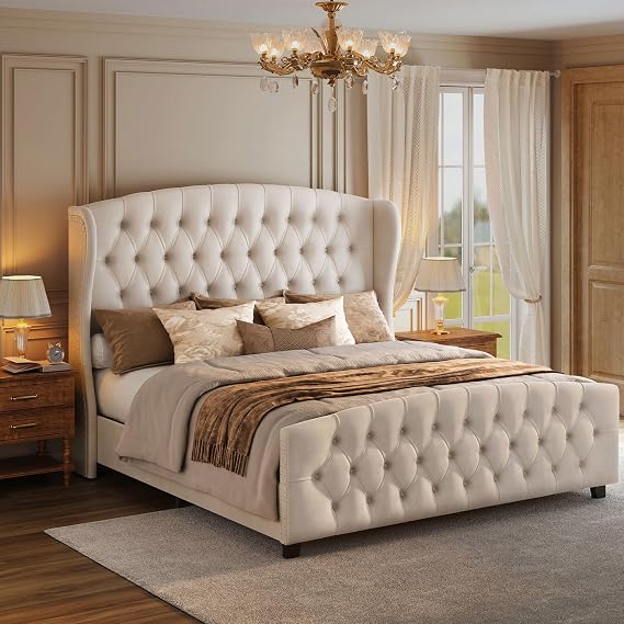 VASAGLE King Platform Bed Frame, Upholstered, Wooden Slats | Tall Wingback Tufted Headboard and Footboard, No Box Spring Needed, Cappuccino Beige, URMB884W01