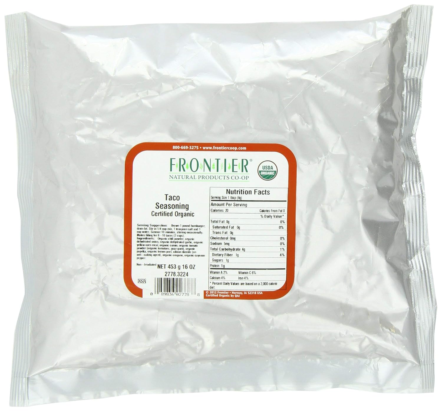 Frontier Co-op Salt-Free Taco Seasoning, 1-Pound Bulk, Certified Organic, Mexican-Inspired Spices for Tacos, Dips, Burritos
