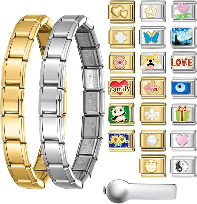 Stainless Steel Italian Charm Bracelet, 18 Link Starter Bracelet 9mm Charms