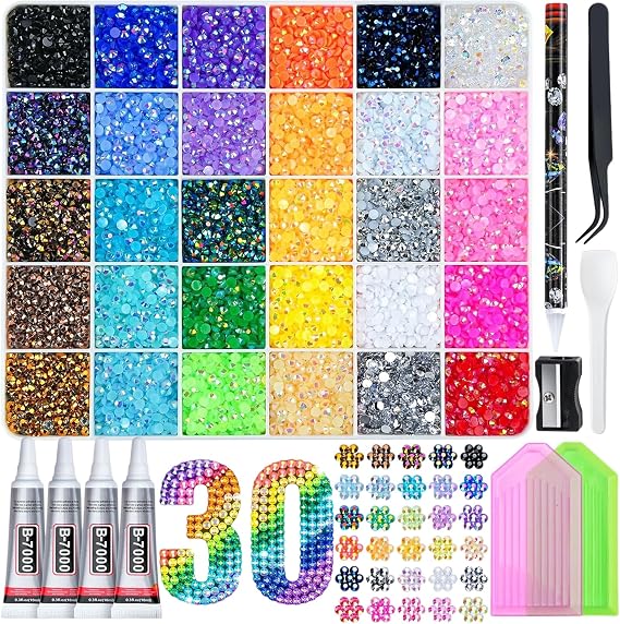 30 Colors Bedazzling Kit, 37500 Pcs Flatback Rhinestones, Bedazzling Kit with 30 Colors 3mm Rhinestones, Nail Art Gems with Tweezers & Pen for DIY Crafts, Clothes, Shoes, Nail Decorations
