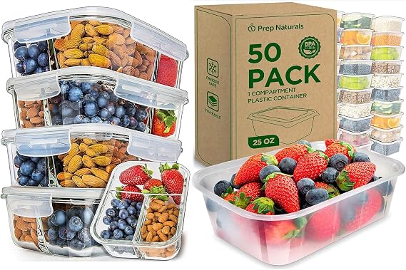 Prep Naturals 5 Pack Glass Container (34oz) + 50 Pack Plastic Container