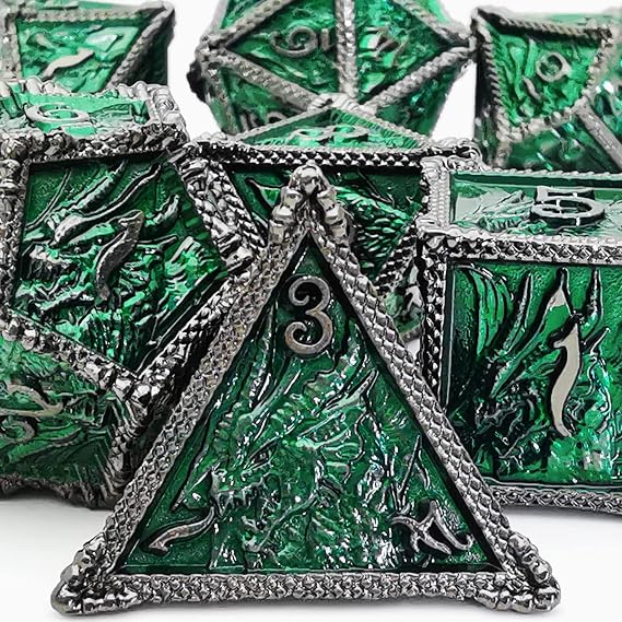 Metal Ejderha Zar Seti DND 7 Set Zar Rol Yapma Zar D&D Zindanlar ve Ejderhalar (Siyah Nikel Yeşili)