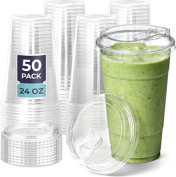 [50 Pack] Disposable Strawless Plastic Cups with Lids - 24 Oz Clear Plastic Cups and Sippy Cups Lids, Perfect Eco-Friendly To Go Cups for Iced Coffee, Smoothies, Soda Party Drinks and Cafe Essentials