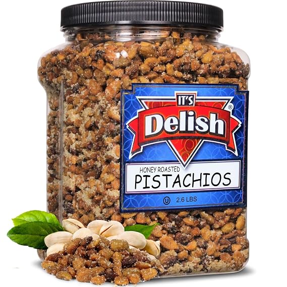 Honey Roasted Pistachio (Shelled, No Shell) by It's Delish, 2.6 LBS Reusable Jumbo Container | Gourmet Pistachio (Shelled, No Shell) Nuts in Honey Sugar Coating, Sweet & Heart Healthy Salted Nut, Kids Snack - Non-Dairy, Kosher Parve