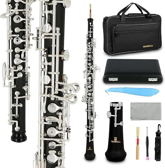ROWELL Professional Oboe C-key Silver-plated Key Oboe Semi-automatic System Composite Wood Body  with Reed and Carrying Case Ideal for Beginners, School Bands, and Music Exams