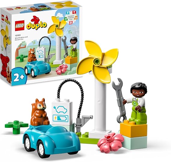LEGO DUPLO Kasabası Rüzgar Türbini ve Elektrikli Araba 10985, 2 Yaş ve Üzeri Çocuklar için Sürdürülebilir Yaşam Oyuncak Yapım Seti (16 Parça)