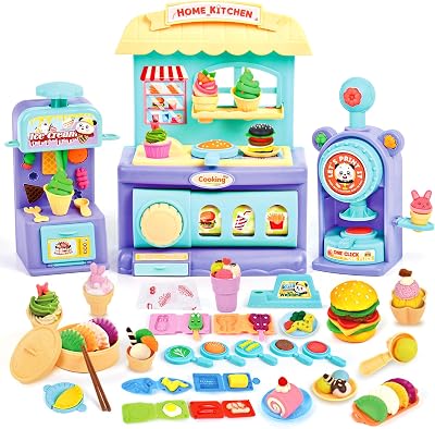 Toys Dough Set for Kids 4-8, Dough Tools Accessories - 3 in 1 Pretend Play Kitchen Creations Set with Hamburger Shop Ice Cream Maker, Arts Crafts Play Food Mold Toys Clay for Kids
