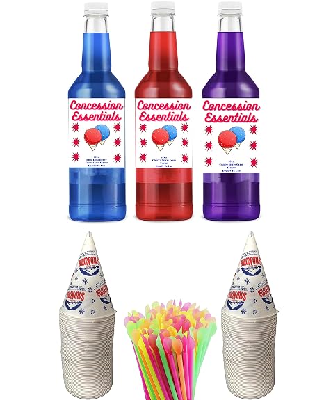 Snow Cone Syrup Set-3-16oz Bottles, 25 Neon Spoon Straws, 25 Snow Cone Cups-(Blue Raspberry, Cherry & Grape)