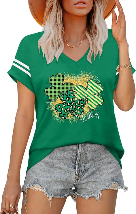 St Patricks Day Shirt Women Shamrock Tee St Patrick's Day V Neck T-Shirt Irish Short Sleeve Casual Tops