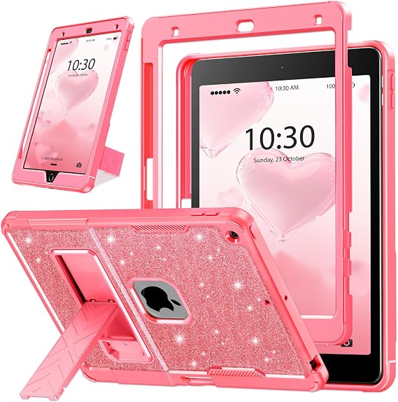 INFILAND Glitter Case for iPad 9th Generation (2021) / 8th Generation (2020) / 7th Generation (2019) 10.2 Inch, Heavy Duty Shockproof Protective Cute Cover with Kickstand for Kids, Girls (Pink)