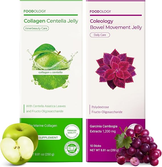 FOODOLOGY Bowel Movement Jelly & Collagen Jelly Set, Dietary Fiber Supplement, for Boosting Metabolism Gut Heath and Skin Hydration, Collagen, Centella Asiatica, Garcinia Cambogia