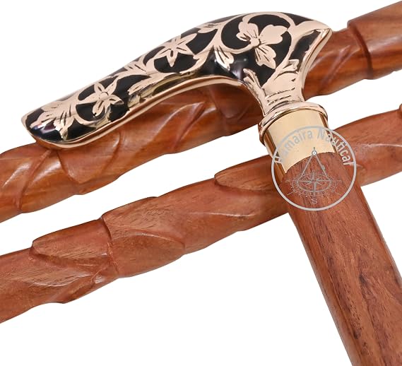 Solid Wood Handicrafts Vintage Unique Walking Stick Wooden Cane Brass Designer Handle Gift