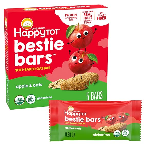 Happy Tot Organics Fiber & Protein Soft Baked Oat Bars Toddler Snack Apple & Spinach, 0.88 Ounce Bars, 5 Count Box (Pack of 1)