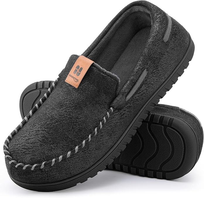 HomeTop Men's Suede Memory Foam Moccasin Slippers Warm Lining House Shoes | Gifts,Non-Slip,Breathable,Indoor and Outdoor,Lightweight,supportive,Chic Bow Detail