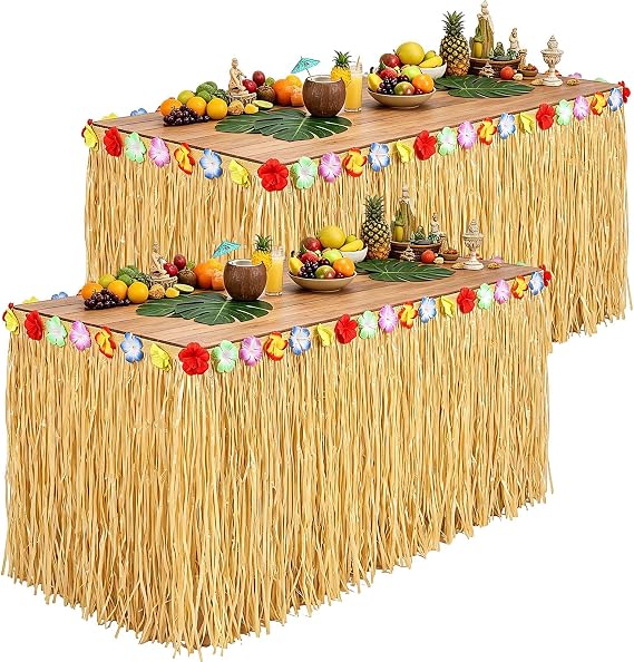 2 Pack Luau Grass Table Skirt, Luau Party Decorations, Natural 275x75cm Hawaiian Grass Table Skirt with Flowers for Hawaiian Party Summer Tropical Costume Party Birthday Beach Party Supplies