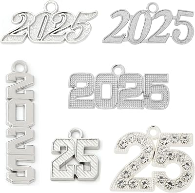 D DODOU 6 Pieces 2025 Year Charms Gold and Silver Year Charm for Graduation Cap Tassel Charm for DIY Jewelry Making, Necklace Bracelets, Keychain