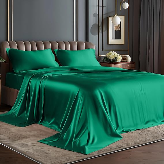 BEDELITE Satin Sheets California King Size Bed Set, Dark Green, 4 Pieces | Luxury Silky Bed Sheets, 15 Inch Deep Pocket, Similar to Silk, Soft and Cooling, Reduces Friction, Gentle on Hair and Skin