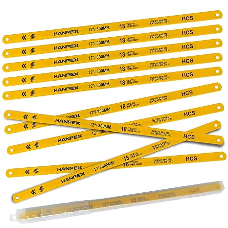 Hanpex Hacksaw Replacement Blades (10 Pack) High Speed 18 TPI - 12" Length Hack Saw Blade - High Carbon Steel (HCS) Cutting Blades