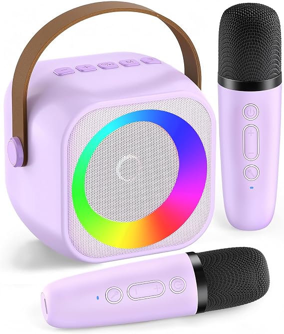 Mini Karaoke Machine, Portable Bluetooth Speaker with 2 Wireless Microphones for Kids & Adults, Karaoke Microphone with LED Lights, Gifts for Girls & Boys_Purple
