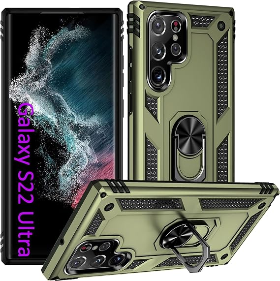 S22 Ultra Case, Phone Case for Samsung Galaxy S22 Ultra Case,with Kickstand Ring,Adjustable Stand,Military Grade,Heavy Duty Protection,Shockproof,Anti-Fingerprint,Support Magnet Car Mount,ArmyGreen