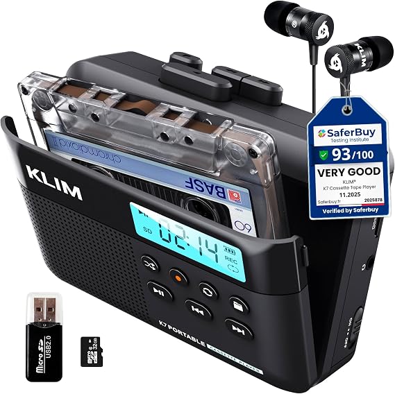 KLIM K7 Cassette Tape Player - Cassette to MP3 Converter - Portable - Built-in Microphone & Speaker - Rechargeable Battery - Earphones - 16GB SD Card - Black