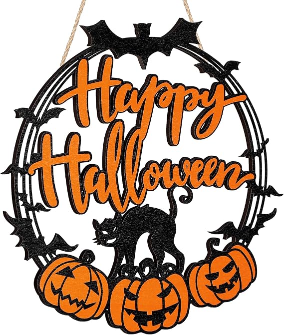 Bucherry Halloween Door Decorations Wooden Black Cat Pumpkin Hanging Sign | Happy Halloween Wreaths for Front Door Wall, Wreath Alternative with Bat Cutouts, Indoor Outdoor Party Plaque Decoration