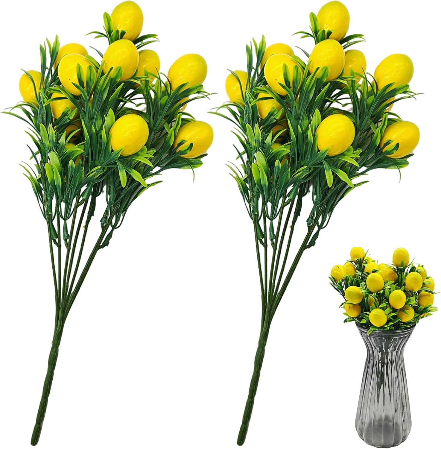 2 x Lemon Branch Artificial Yellow Mini Lemon Lifelike Artificial Decoration with Leaves Lemon Decoration Artificial Lemon Bonsai Fake Fruit Branch Simulation DIY Garden (A)